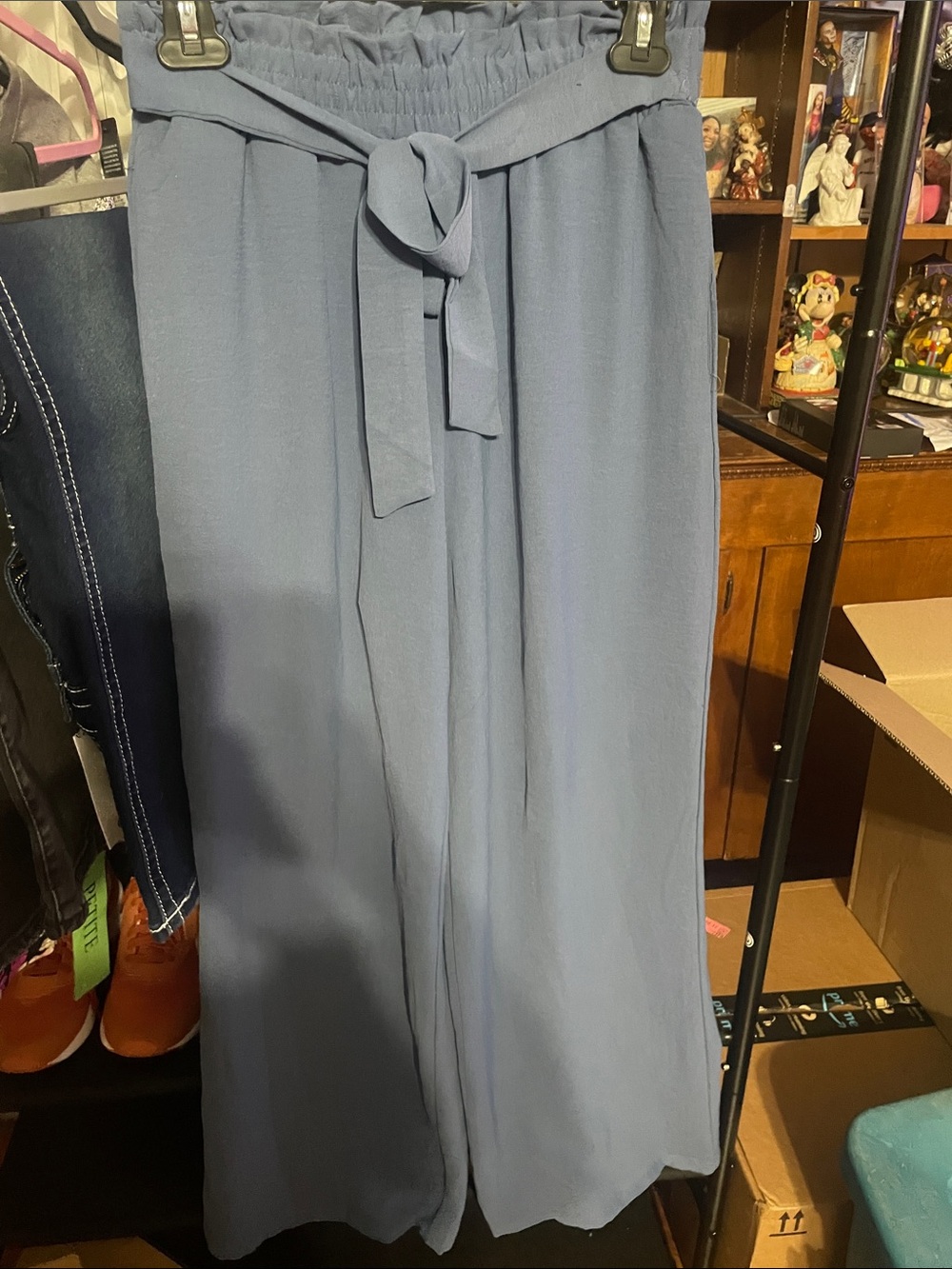 Wide Leg Tie-Waist Pants in Dusty Blue